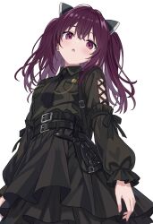  1girl absurdres belt black_dress commentary_request dress headgear highres knife_hair_ornament long_sleeves looking_at_viewer mazical007 necktie open_mouth purple_hair solo touhoku_kiritan twintails violet_eyes voiceroid 