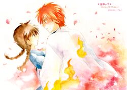  1boy 1girl alternate_eye_color black_eyes blush braid brown_hair carrying carrying_person commentary_request dated flame_print floral_background happy_birthday hetero jacket kyoukai_no_rinne mamiya_sakura orange_hair parted_lips red_eyes rokudou_rinne translation_request twin_braids white_jacket zunko 