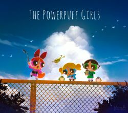  3girls absurdres alternate_costume artist_name black_hair blonde_hair blossom_(ppg) blue_dress blue_eyes blue_sky blunt_bangs bubbles_(ppg) buttercup_(ppg) chain-link_fence clouds copyright_name dress english_text fence frog green_dress green_eyes grin hair_ribbon highres holding holding_stick mary_janes multiple_girls noah_(rokoroko) open_mouth orange_hair pantyhose parted_bangs pink_dress pink_eyes powerpuff_girls raincoat red_ribbon ribbon shoes siblings sisters sky smile stick teeth triplets twig twintails twitter_username watermark white_pantyhose 