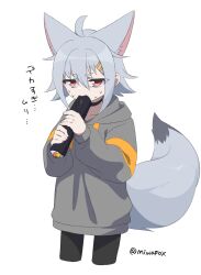  1girl ahoge animal_ear_fluff animal_ears black_pantyhose choker commentary_request cropped_legs eating ehoumaki extra_ears food fox_ears fox_girl fox_tail furrowed_brow grey_hair grey_hoodie hair_ornament hairclip highres holding holding_food hood hoodie long_sleeves looking_at_viewer makizushi minowa_sukyaru miwa_kitsune-chan nervous_sweating original pantyhose red_eyes short_hair sidelocks simple_background solo sushi sweat tail translation_request twitter_username white_background 