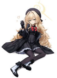  1girl absurdres beret black_coat black_dress black_gloves black_hat black_pantyhose blonde_hair blue_archive blush coat coat_partially_removed commentary_request dress full_body gabang gloves green_eyes hair_intakes halo hat heart highres long_hair looking_at_viewer pantyhose petticoat pleated_dress professor_niyaniya_(blue_archive) shoes smile solo very_long_hair white_shoes 