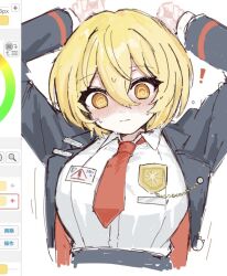  ! 1girl arms_up badge black_coat blonde_hair blush breasts button_badge coat commentary_request don_quixote_(project_moon) large_breasts limbus_company necktie orange_eyes pin project_moon ro/ku shirt short_hair simple_background unfinished upper_body white_shirt yellow_eyes 