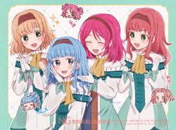  4girls ange_serena ascot black_eyes blonde_hair blue_hair blush brown_hairband chair cheria_barnes clenched_hands closed_eyes commentary_request cosplay dress eleanor_hume gloves green_eyes hair_brush hairband hand_on_own_cheek hand_on_own_face head_tilt holding holding_brush in-franchise_crossover jyonnu long_sleeves looking_at_another medium_hair multiple_girls natalia_luzu_kimlasca_lanvaldear natalia_luzu_kimlasca_lanvaldear_(cosplay) on_chair open_mouth own_hands_together pink_hair red_hair short_hair sitting smile sparkle tales_of_(series) tales_of_berseria tales_of_graces tales_of_innocence tales_of_the_abyss white_gloves yellow_ascot 