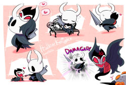  1other anger_vein bano_akira bench black_eyes colored_sclera commentary_request grey_cloak grimmchild happy hollow_eyes hollow_knight knight_(hollow_knight) mask nail_(hollow_knight) pet red_sclera sitting sleeping white_mask 
