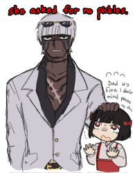  1boy 1girl aged_down black_hair bow commentary dark-skinned_male dark_skin english_commentary english_text eyewear_on_head hair_bow highres limbus_company matthias_(project_moon) project_moon red_eyes ryoshu_(project_moon) scar smthchie suit sunglasses sweat tears white_hair 