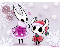  +++ 1girl 1other bano_akira black_eyes black_skin cloak colored_skin commentary_request hat hollow_eyes hollow_knight holly hornet_(hollow_knight) knight_(hollow_knight) mask pinecone purple_cloak red_cloak red_hat santa_hat siblings snowflakes white_mask 