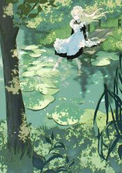  1girl absurdres apron barefoot black_dress blonde_hair blue_eyes bush dappled_sunlight day dock dress flipped_sidelocks frills grass hair_intakes highres jitome light_particles lily_pad long_hair maid maid_apron maid_headdress nature nekory original outdoors pond puffy_sleeves scenery signature sitting soaking_feet solo sunlight tree tree_shade weeds white_apron 