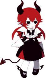  1girl bat_wings black_bow black_dress black_eyes black_horns black_shoes bow bowtie demon_girl demon_horns demon_tail demon_wings dialo_(funamusea) dress empty_eyes expressionless frills full_body funamusea funamusea_(artist) haiiro_teien horns long_sleeves official_art pointy_ears red_hair shoes short_hair simple_background skull skull_ornament solo standing tail white_background wide_sleeves wings 