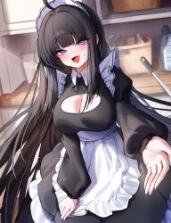 1girl :d apron black_dress black_hair breasts cleavage cleavage_cutout commentary cowboy_shot dress erbium indoors long_hair maid maid_apron maid_headdress medium_breasts open_mouth original smile solo untranslatable_commentary violet_eyes