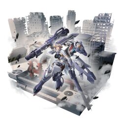  beam_rifle blue_eyes brown_hair energy_gun highres leotard longinus-beta_(starward) m1_bazooka mecha_musume mechanical_legs missile official_art pantyhose radio_antenna rocket_launcher solo starward thrusters weapon 