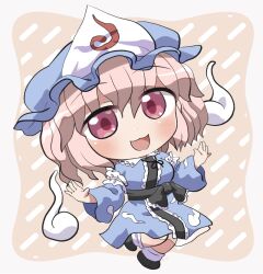  1girl :3 :d black_shoes blue_hat blue_kimono blush chibi chibi_only commentary_request full_body hair_between_eyes hands_up hat highres hitodama japanese_clothes kimono long_sleeves looking_at_viewer mob_cap open_mouth pink_eyes pink_hair rokugou_daisuke saigyouji_yuyuko shoes short_hair signature smile socks solo standing standing_on_one_leg touhou triangular_headpiece white_socks wide_sleeves 