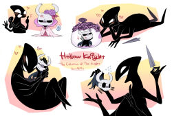  2others anger_vein bano_akira black_skin blush chain cloak collector_(hollow_knight) colored_skin commentary_request flower flying_sweatdrops heart hollow_eyes hollow_knight horned_mask jar knight_(hollow_knight) lock mask multiple_others nail_(hollow_knight) open_mouth pink_cloak pink_flower pink_rose rose smile white_mask 