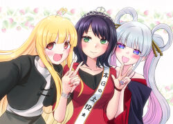  3girls absurdres ahoge bare_shoulders birthday black_hair blonde_hair blue_eyes blue_nails blush bracelet cho_kaguya-hime! collarbone commentary_request green_eyes grey_hair hair_ornament hair_rings hair_stick halterneck hand_grab heart heart_ahoge hetawo_order highres interlocked_fingers jewelry kaguya_(cho_kaguya-hime!) long_hair mole mole_under_eye multicolored_eyes multicolored_hair multiple_girls open_mouth pink_hair purple_nails red_eyes red_nails runami_yachiyo sakayori_iroha smile tiara translated twintails two-tone_hair upper_body v violet_eyes 