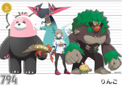  1girl absurdres apple_hair_ornament appletun barraskewda bewear black_pantyhose blush breasts bright_pupils brown_hair clenched_hands closed_mouth collared_shirt commentary_request dragapult dreepy drop_shadow dynamax_band fangs floating food-themed_hair_ornament full_body glassy0302 gloves grey_eyes gym_challenge_uniform hair_ornament hand_on_own_hip height_chart highres kuraishi_ringo_(glassy0302) open_mouth orange_eyes original pantyhose partially_fingerless_gloves pokemon pokemon_(creature) pokemon_sword_and_shield pokemon_team polteageist red_shoes rillaboom shirt shoes short_hair single_glove standing teapot twitter_username white_background white_pupils white_shirt 