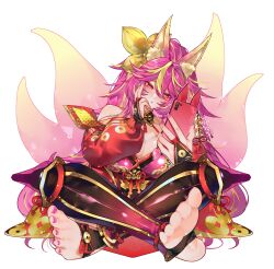  1girl animal_ears arm_guards commentary english_commentary feet foot_focus fox_ears fox_girl fox_tail hair_ornament highres holding holding_phone indian_style indie_virtual_youtuber long_hair multiple_tails nail_polish open_mouth phone pink_nails sanada_sakichina second-party_source simple_background sitting soles solo stirrup_legwear tail toeless_legwear toenail_polish toenails toes uib_justrfl virtual_youtuber white_background 