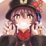  1girl :d absurdres bangs black_nails brown_hair chinese_clothes close-up commentary_request flower genshin_impact ghost_pose grin hair_between_eyes hat hat_flower hat_ornament highres hu_tao_(genshin_impact) jewelry koi0910 long_hair long_sleeves looking_at_viewer red_eyes ring sidelocks smile solo symbol-shaped_pupils twintails 