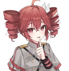  1girl ahoge bow buttons commentary congroo double-breasted double-parted_bangs drill_hair grey_jacket hair_between_eyes hair_bow hair_ribbon hand_up highres index_finger_raised jacket kasane_teto kasane_teto_(sv) layered_sleeves long_sleeves looking_at_viewer musical_staff musical_staff_print open_mouth red_hair red_trim ribbon shoulder_belt shoulder_boards simple_background solo striped_clothes striped_jacket sunlight synthesizer_v twin_drills utau white_bow white_ribbon 