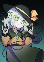  1girl black_hat bow buttons closed_mouth collared_shirt commentary_request diamond_button disembodied_linked_eye eyeball frilled_shirt_collar frilled_sleeves frills gradient_background green_background green_eyes green_hair green_skirt hat hat_bow heart heart_of_string highres holding holding_phone illust_atelier3 komeiji_koishi long_sleeves looking_at_viewer one-hour_drawing_challenge phone shirt skirt smile solo touhou yellow_bow yellow_shirt 