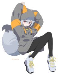  1girl absurdres animal_ear_hood arms_up black_pantyhose closed_mouth commentary fox_girl fox_tail full_body grey_hair grey_hoodie grey_shoes hair_ornament hairclip highres hood hood_up hoodie long_sleeves minowa_sukyaru miwa_kitsune-chan original pantyhose red_eyes shoes short_hair simple_background sleeves_past_wrists smile sneakers solo tail twitter_username untranslatable_commentary white_background 