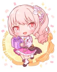  1girl 1other :d akiyama_mizuki blush boots bow bowtie box chibi chibi_only commentary_request frilled_wrist_cuffs frills full_body gift gift_box holding holding_gift long_hair long_sleeves looking_at_viewer open_mouth other_focus oyasumirakko pink_eyes pink_hair pink_skirt pleated_skirt project_sekai purple_shirt shirt side_ponytail skirt smile solo standing standing_on_one_leg white_boots white_bow white_bowtie wrist_cuffs 