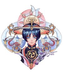  1boy armor artist_name black_shirt blue_eyes blue_hair blunt_ends closed_mouth commentary cropped_shoulders cropped_torso english_commentary genshin_impact hat japanese_armor jingasa looking_at_viewer male_focus mandarin_collar mitsudomoe_(shape) painting_(medium) portrait red_hat scaramouche_(genshin_impact) shirt short_hair si3art signature simple_background smile solo tassel tomoe_(symbol) traditional_media watercolor_(medium) white_background 