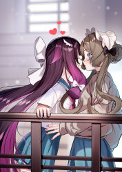  2girls blue_eyes blue_nails blue_skirt blush bow brown_hair closed_eyes columbina_(genshin_impact) commentary_request genshin_impact hair_bow heart highres long_hair multicolored_hair multiple_girls nail_polish purple_hair sailor_collar sandrone_(genshin_impact) school_uniform skirt very_long_hair yan_(nicknikg) yuri 