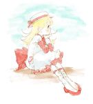  1girl ashita_no_nadja blonde_hair blue_eyes blush bow child clouds dress dress_bow faux_traditional_media flats frilled_dress frills hand_on_own_face hat hat_bow long_hair long_sleeves looking_away nadja_applefield red_bow red_dress red_footwear sitting socks solo two-tone_dress uni_(u2katsu14) white_background white_dress white_socks 