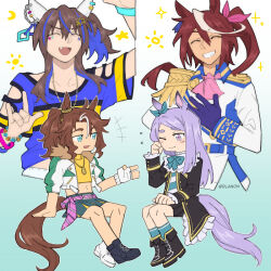  4girls ;) \m/ ^_^ animal_ears aqua_eyes ascot asymmetrical_footwear black_boots black_coat blue_hair blue_shirt boots bow bowtie brown_hair closed_eyes closed_mouth coat colored_inner_hair commentary daitaku_helios_(fun_fun_party_night)_(umamusume) daitaku_helios_(umamusume) dlanon ear_bow ear_ornament english_commentary epaulettes fang fingerless_gloves fur-trimmed_jacket fur_trim gloves green_bow green_bowtie green_shirt green_socks grin hair_between_eyes hair_bow horse_ears horse_girl horse_tail invisible_chair jacket long_hair mejiro_mcqueen_(frontline_elegance)_(umamusume) mejiro_mcqueen_(umamusume) mejiro_palmer_(line_breakthrough)_(umamusume) mejiro_palmer_(umamusume) midriff mismatched_footwear multicolored_hair multiple_girls navel one_eye_closed open_mouth pink_ascot pink_bow ponytail purple_gloves purple_hair shirt short_sleeves single_epaulette sitting skin_fang smile socks solo star_(symbol) streaked_hair striped_clothes striped_shirt tail tokai_teio_(peak_joy)_(umamusume) tokai_teio_(umamusume) two-tone_hair umamusume violet_eyes white_boots white_gloves white_jacket white_shirt white_streaks yellow_shirt 