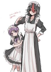  2girls absurdres alternate_costume apron black_dress black_hair bow bowtie commentary_request cone_horns dress enmaided grey_horns height_difference highres horns kijin_seija long_sleeves looking_at_viewer maid maid_apron maid_headdress medium_hair multicolored_hair multiple_girls panilla pink_bow pink_bowtie pink_eyes pink_hair red_eyes red_streaks short_hair small_horns streaked_hair sukuna_shinmyoumaru touhou translation_request white_apron white_streaks 