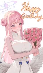  1girl absurdres angel_wings blue_archive blush bouquet breasts buttons closed_mouth commentary crescent doggo34476335 dress feathered_wings flower hair_bun hair_flower hair_ornament halo highres holding holding_bouquet long_hair looking_at_viewer low_wings medium_breasts mika_(blue_archive) multicolored_hair pink_flower pink_hair pink_halo pink_rose purple_flower rose simple_background single_hair_bun single_side_bun sleeveless sleeveless_dress smile solo very_long_hair violet_eyes white_background white_dress white_wings wing_ornament wings yellow_eyes 