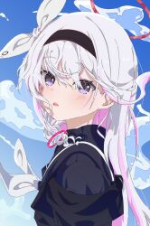  1girl black_coat black_eyes black_hairband black_sailor_collar black_shirt blue_archive blush bow braid clouds coat commentary d: day dot_nose english_commentary from_side hair_between_eyes hair_bow hairband halo highres houmurua long_hair looking_at_viewer looking_to_the_side neckerchief off_shoulder open_clothes open_coat outdoors parted_lips plana_(blue_archive) red_halo red_pupils sailor_collar shirt short_braid side_braid single_braid sky slit_pupils solo turning_head upper_body white_bow white_hair white_neckerchief wind 