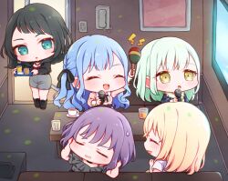  5girls :d :o ^_^ ave_mujica_(bang_dream!) bang_dream! bang_dream!_it's_mygo!!!!! black_boots black_dress black_hair blonde_hair blush boots chibi chibi_only closed_eyes commentary_request corded_phone cup dress drinking_glass green_eyes green_hair grey_skirt highres holding holding_instrument holding_maracas holding_tray indoors instrument karaoke long_hair long_sleeves maracas misumi_uika multiple_girls open_mouth oyasumirakko parted_lips phone pink_shirt purple_hair saucer shirt short_hair short_sleeves skirt smile teacup togawa_sakiko tray wakaba_mutsumi white_shirt yahata_umiri yellow_eyes yuutenji_nyamu 