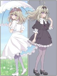  1girl antenna_hair black_bow black_capelet black_dress bow capelet closed_mouth commentary_request dress frills grey_hair hair_intakes high_heels highres holding holding_umbrella long_hair meitantei_precure! moria_luluka precure ryuhirohumi smile thigh-highs umbrella white_dress white_umbrella 
