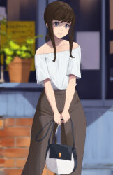  alternate_costume bag blue_eyes brick_wall brown_hair brown_pants casual collarbone commentary door feet_out_of_frame fubuki_(kancolle) handbag high-waist_pants highres holding holding_bag kantai_collection long_sidelocks looking_at_viewer low_ponytail medium_hair neko_no_hige open_mouth outdoors pants plant ponytail potted_plant shirt short_hair_with_long_locks sidelocks standing teeth white_shirt window 