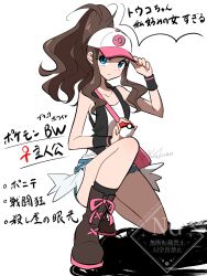  baseball_cap black_vest commentary_request cutoffs denim denim_shorts exposed_pocket hat high_ponytail highres hilda_(pokemon) holding holding_poke_ball open_clothes open_vest poke_ball poke_ball_print pokemon pokemon_black_and_white ponytail shorts sidelocks vest wakuno_lemon wristband 