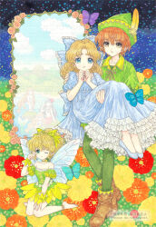  1boy 5girls barefoot blue_eyes boots bug butterfly commentary_request dress fairy fairy_wings flower frilled_dress frills green_eyes hat highres hisakata_(hisa_nn) letter merfolk mermaid monster_girl multiple_girls one_eye_closed open_mouth orange_hair peter_pan_(novel) peter_pan_(novel_character) pointy_ears princess smile tinker_bell_(novel_character) traditional_media wendy_darling wings yellow_eyes 