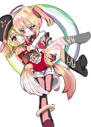  1girl 2girls blonde_hair blush carrying commentary_request cyber_fashion epaulettes gloves halo hat heart highres magical_girl mahou_shoujo_ikusei_keikaku mahou_shoujo_ikusei_keikaku_limited mianyuki multiple_girls pink_hair postarie princess_carry rain_pow retrofuturism traditional_halo twintails yuri 