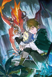  1boy 1girl absurdres ahoge black_cape black_capelet black_gloves blonde_hair boots brown_boots brown_eyes brown_hair cape capelet cave collared_shirt commentary_request crystal dragon dragon_wings fire fur-trimmed_capelet fur_trim gloves hair_between_eyes highres long_sleeves mura_karuki official_art open_mouth original sharp_teeth shirt short_hair sitting standing teeth white_shirt wings 