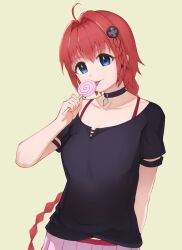  1girl ahoge black_choker black_shirt blue_eyes bra_strap braid breasts candy choker commentary food green_background hair_ornament highres holding holding_candy holding_food holding_lollipop kurosaki_mea licking licking_food lollipop long_hair looking_at_viewer masou medium_breasts pink_skirt pleated_skirt red_hair shirt single_braided_sidelock skirt smile solo swirl_lollipop to_love-ru tongue tongue_out very_long_hair 