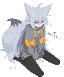  1girl ahoge animal_ear_fluff animal_ears annoyed black_pantyhose clenched_teeth commentary_request fox_ears fox_girl fox_tail grey_hoodie hair_between_eyes hair_ornament hairclip highres hood hoodie long_hair long_sleeves minowa_sukyaru miwa_kitsune-chan no_shoes original pantyhose red_eyes simple_background sitting solo sound_effects squiggle tail teeth twitter_username v_arms wariza white_background 