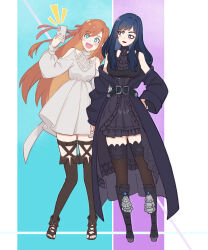  2girls :d aqua_eyes arm_up ascot belt black_ascot black_belt black_bodice black_boots black_coat black_dress black_hair black_skirt blue_eyes blush boots border bow breasts bright_pupils cellphone clothes_down coat coat_on_shoulders commentary cross-laced_straps dress expressionless eyeshadow final_fantasy final_fantasy_xiv full_body gaia_(ff14) hair_ribbon hand_on_own_hip head_tilt highres holding holding_phone le-anh90 leaning_to_the_side looking_at_object makeup medium_breasts multiple_girls open-toe_shoes paisley pale_skin phone pink_bow pink_ribbon pleated_skirt red_eyeshadow red_hair ribbon ryne_waters selfie skirt smile standing thigh-highs white_border white_dress white_pupils yuri 