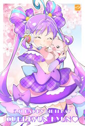  1girl ;3 ^_^ ahoge artist_logo back_bow blue_background blue_bow blue_streaks blush boots border bow brooch bubble_skirt buttons character_name cherry_blossoms choker closed_eyes closed_mouth colored_shoe_soles commentary creature cure_kyunkyun dated delicious_party_precure double-breasted double_bun dress dress_bow english_text facing_another fairy feet_out_of_frame floral_background flower footwear_bow frilled_dress frills hair_bow hair_bun hair_intakes hair_ornament happy_birthday headset heart heart_brooch highres hug idol_heart_incom in-franchise_crossover jewelry kimi_to_idol_precure kneeling kome-kome logo long_hair looking_at_another magical_girl medium_dress miniskirt multicolored_hair off-shoulder_dress off_shoulder one_eye_closed outside_border pink_flower pink_fur plaid_bow plaid_clothes plaid_dress precure purple_bow purple_choker purple_dress purple_thighhighs purple_wrist_cuffs shigure_kokoro single_bare_shoulder skirt skirt_bow smile split_mouth streaked_hair takamori_natsumi takecho thigh-highs twintails two-tone_hair very_long_hair voice_actor_connection white_boots white_border wrist_cuffs 