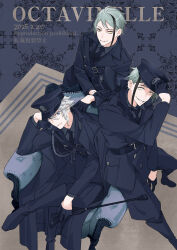  3boys absurdres armchair azul_ashengrotto blue_background blue_coat blue_hair boots brown_eyes chair coat floyd_leech from_above glasses hat heterochromia highres jade_leech kiosque looking_at_viewer male_focus mole mole_under_mouth multiple_boys octavinelle_dorm peaked_cap riding_crop short_hair sitting twisted_wonderland white_hair yellow_eyes 