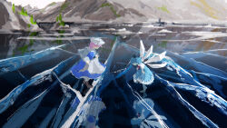 2girls apron blue_dress blue_hair blue_skirt blue_vest cirno commentary_request crack curtsey dress facing_another frozen_lake full_body hat highres ice ice_wings letty_whiterock long_sleeves mountain multiple_girls nature niy_(nenenoa) outdoors pink_hair puffy_short_sleeves puffy_sleeves reflection scenery shirt short_sleeves skirt standing touhou vest waist_apron white_apron white_hat white_shirt wide_shot wings 