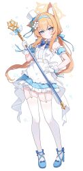  >:( 1girl :< absurdres alternate_costume alternate_hairstyle animal_ear_fluff animal_ears arm_scrunchie bare_shoulders blue_archive blue_bow blue_bowtie blue_dress blue_eyes blue_headband blue_ribbon blue_shoes blush bow bowtie cat_ears cat_girl center_frills closed_mouth collar commentary_request detached_collar detached_sleeves dress floating_hair flower footwear_bow frilled_dress frilled_gloves frilled_sleeves frills frown full_body furrowed_brow garter_straps gloves hair_bow hair_flower hair_ornament halo hand_on_own_hip hand_up hat headband high_heels highres holding holding_staff korean_commentary long_hair looking_at_viewer low_twintails magical_girl mari_(blue_archive) mini_hat mini_top_hat nonddu orange_hair ribbon shoes short_sleeves simple_background skindentation solo split_mouth staff standing star_(symbol) sweatdrop tachi-e thigh-highs thigh_strap tilted_halo top_hat twintails two-tone_dress v-shaped_eyebrows very_long_hair white_background white_collar white_dress white_flower white_gloves white_hat white_ribbon white_thighhighs yellow_halo zettai_ryouiki 