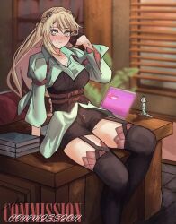  1girl absurdres black_gloves black_shorts black_thighhighs blush bob_cut book book_stack bookshelf braid breasts closed_mouth commentary commission computer covered_groin crown_braid desk eiyuu_densetsu elaine_auclair embarrassed english_commentary english_text ezekquel floating_hair garter_straps gloves green_eyes hair_between_eyes half_gloves highres indoors kuro_no_kiseki_(series) kuro_no_kiseki_ii lace-trimmed_thighhighs lace_trim laptop large_breasts light_frown long_hair looking_at_viewer on_desk parted_bangs shorts single_braid sitting small_sweatdrop solo sword thigh-highs upper_body weapon window_shutter wispy_bangs 
