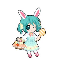  1girl :d animal_ears aqua_eyes aqua_hair aqua_nails basket black_outline blue_dress blush bow bowtie chibi chibi_only closed_mouth dress dress_bow easter easter_egg egg floral_print footwear_bow footwear_ribbon frilled_shirt frills full_body game_asset hair_between_eyes hair_bow hatsune_miku hatsune_miku_graphy_collection holding holding_basket holding_egg looking_at_viewer medium_dress one_eye_closed outline pantyhose pinafore_dress pink_bow pink_bowtie pink_shoes puffy_sleeves rabbit rabbit_ears shirt shoes short_twintails sleeveless sleeveless_dress smile solo standing transparent_background twintails vocaloid white_pantyhose white_shirt yellow_bow 