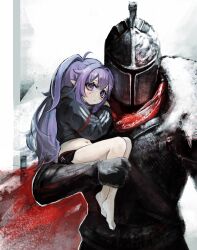  1girl 1other armor barefoot bearer_of_the_curse black_jacket black_shorts carrying dark_souls_(series) dark_souls_ii eepy_sleepy elf fur_collar helm helmet highres jacket knight looking_at_viewer nao_(gzyr5258) phase_connect pointy_ears purple_hair shorts side_ponytail size_difference violet_eyes 