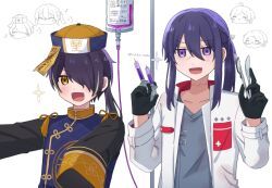  2boys :d black_gloves blush blush_stickers chibi chibi_inset chinese_clothes closed_eyes collarbone dirty dirty_clothes ensemble_stars! fangs gloves grey_shirt hair_between_eyes hair_over_one_eye halloween_costume hasumi_keito hat highres holding holding_knife holding_syringe intravenous_drip jiangshi kanzaki_souma knife lab_coat long_hair long_sleeves male_focus medical_scrubs motoyui multiple_boys musical_note ofuda outstretched_arms pankou ponytail purple_hair qingdai_guanmao sako_nako sengoku_shinobu shinkai_kanata shirt short_hair sidelocks simple_background sleeves_past_fingers sleeves_past_wrists smile sparkle stitched_face stitched_neck stitches syringe tangzhuang twitter_username v-shaped_eyebrows violet_eyes white_background yellow_eyes zombie_pose 