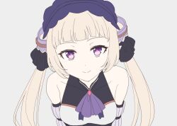  1boy armpit_crease ascot bare_shoulders black_leotard blonde_hair blunt_bangs closed_mouth covered_collarbone crossdressing crossdressing_(mtf) detached_sleeves dot_nose grey_background leaning_forward leotard looking_at_viewer male_focus princess_connect! purple_ascot purple_headdress purple_sleeves simple_background smile solo sunaba_(nczd5875) trap twintails upper_body violet_eyes yuki_(princess_connect!) 